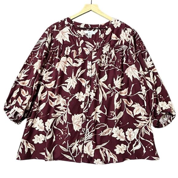 CJ Banks Womens Peasant Top Size 2X Burgundy 3/4 Sleeve Button Front Dark Floral - Picture 1 of 9